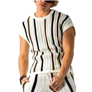 Glimms Gender-Neutral White Black Tan Striped Crochet Top Wool Blend Sz L